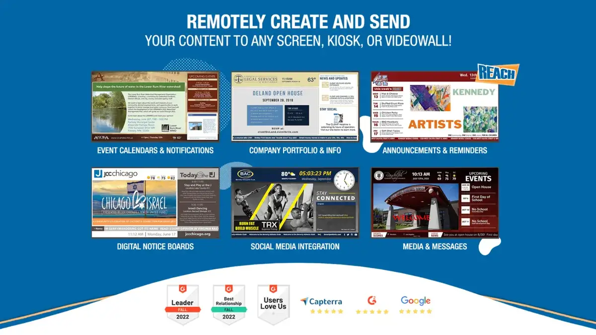 Tightrope Carousel digital signage alternative; Reach Media Network event calendars & notifications, company portfolio & info, announcements & reminders, digital notice boards, social media integration, media & messages