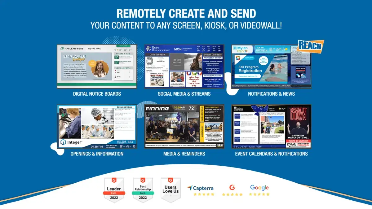 Visix digital signage alternative; Reach Media Network digital notice boards, social media & streams, notifications & news, openings & information, media & reminders, event calendars & notifications