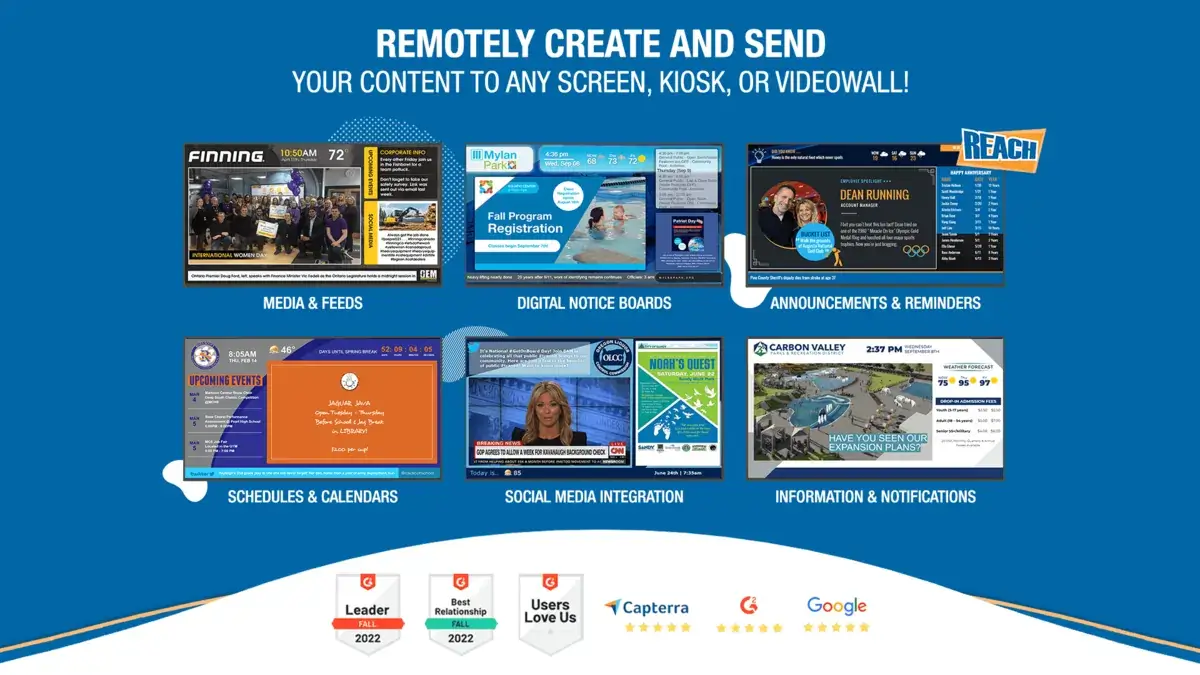 Reach Media Network cloud-based digital signage examples and awards; media & feeds, digital notice boards, announcements & reminders, schedules & calendars, social media integration, information & notifications