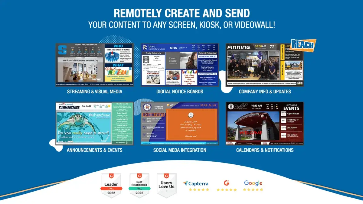 Arreya digital signage alternative; Reach Media Network streaming & visual media, digital notice boards, company info & updates, announcements & events, social media integration, calendars & notifications
