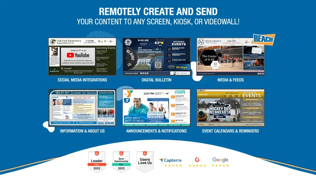 Broadsign digital signage alternative; Reach Media Network social media integrations, digital bulletin, media & feeds, information & about us, announcements & notifications, event calendars & reminders