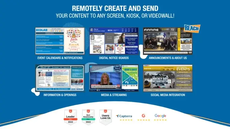 Signagelive digital signage alternative; Reach Media Network event calendars & notifications, digital notice boards, announcements & about us, information & openings, media & streaming, social media integration