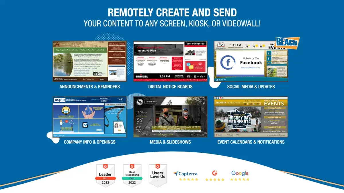 truDigital digital signage Alternative; Reach Media Network announcements & reminders, digital notice boards, social media & updates, company info & openings, media & slideshows, event calendars & notifications.