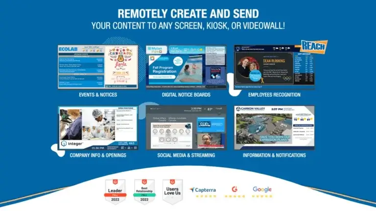 Rise Vision digital signage alternative; Reach Media Network events & notices, digital notice boards, employees recognition, company info & openings, social media & streaming, information & notifications