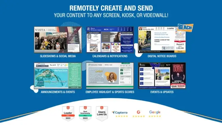 Spectrio digital signage alternative; Reach Media Network slideshow & social media, calendar & notifications, digital notice boards, announcements & events, employee highlight & sports scores, events & updates
