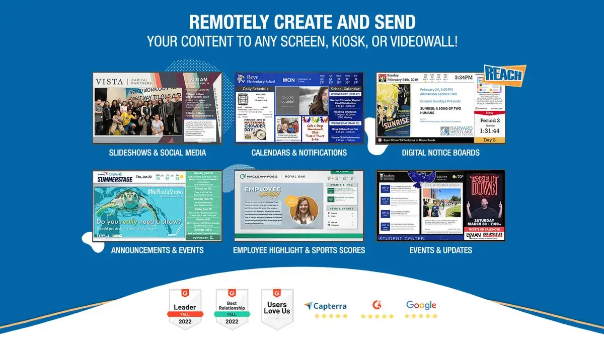 Spectrio digital signage alternative; Reach Media Network slideshow & social media, calendar & notifications, digital notice boards, announcements & events, employee highlight & sports scores, events & updates