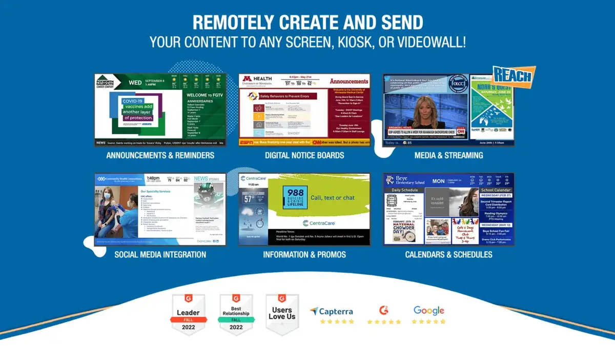 TelemetryTV digital signage alternative; Reach Media Network announcements & reminders, digital notice boards, media & streaming, social media integration, information & promos, calendars & schedules