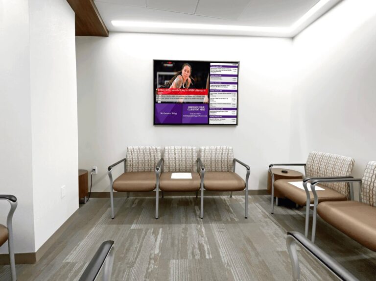 Digital signage waiting room example displaying sports news, scrolling calendar, and announcements