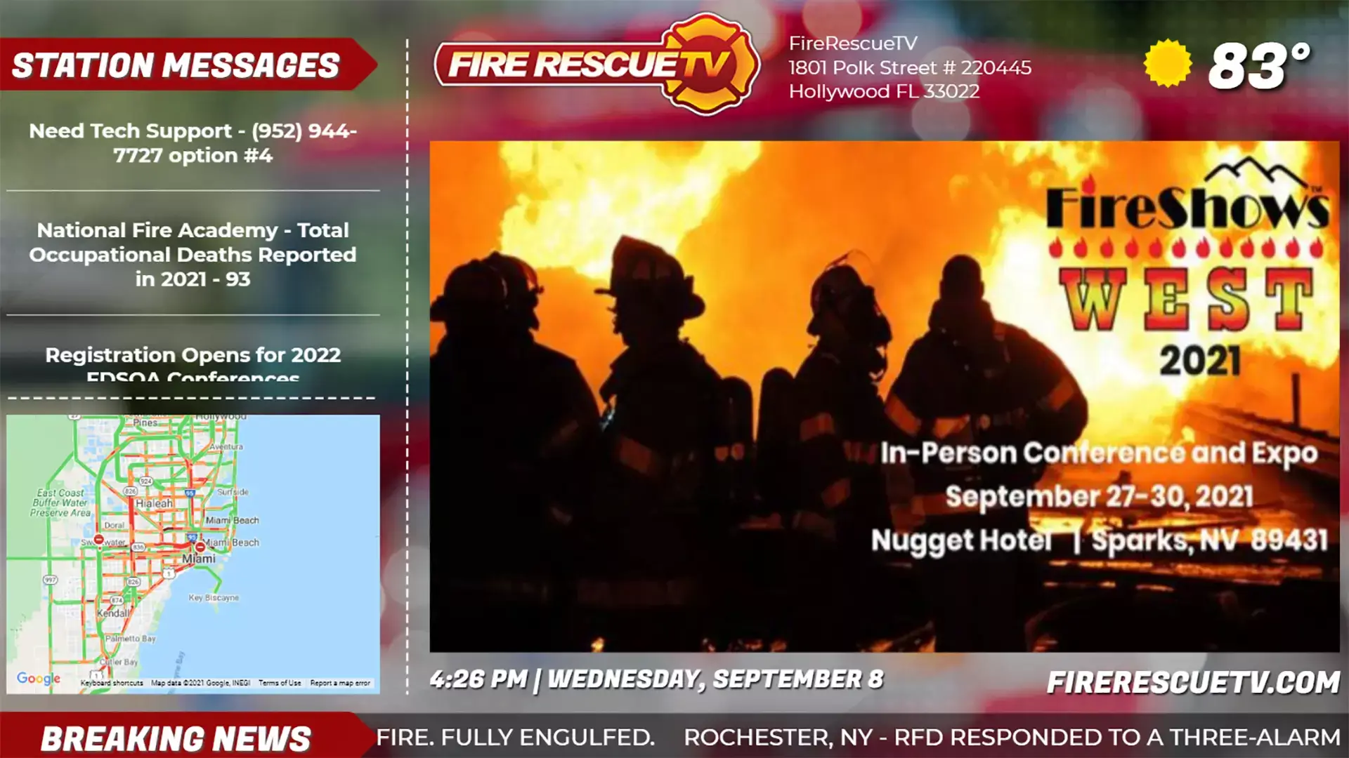Red digital signage featuring announcements, station messages, and local maps for Fire Rescue TV Network