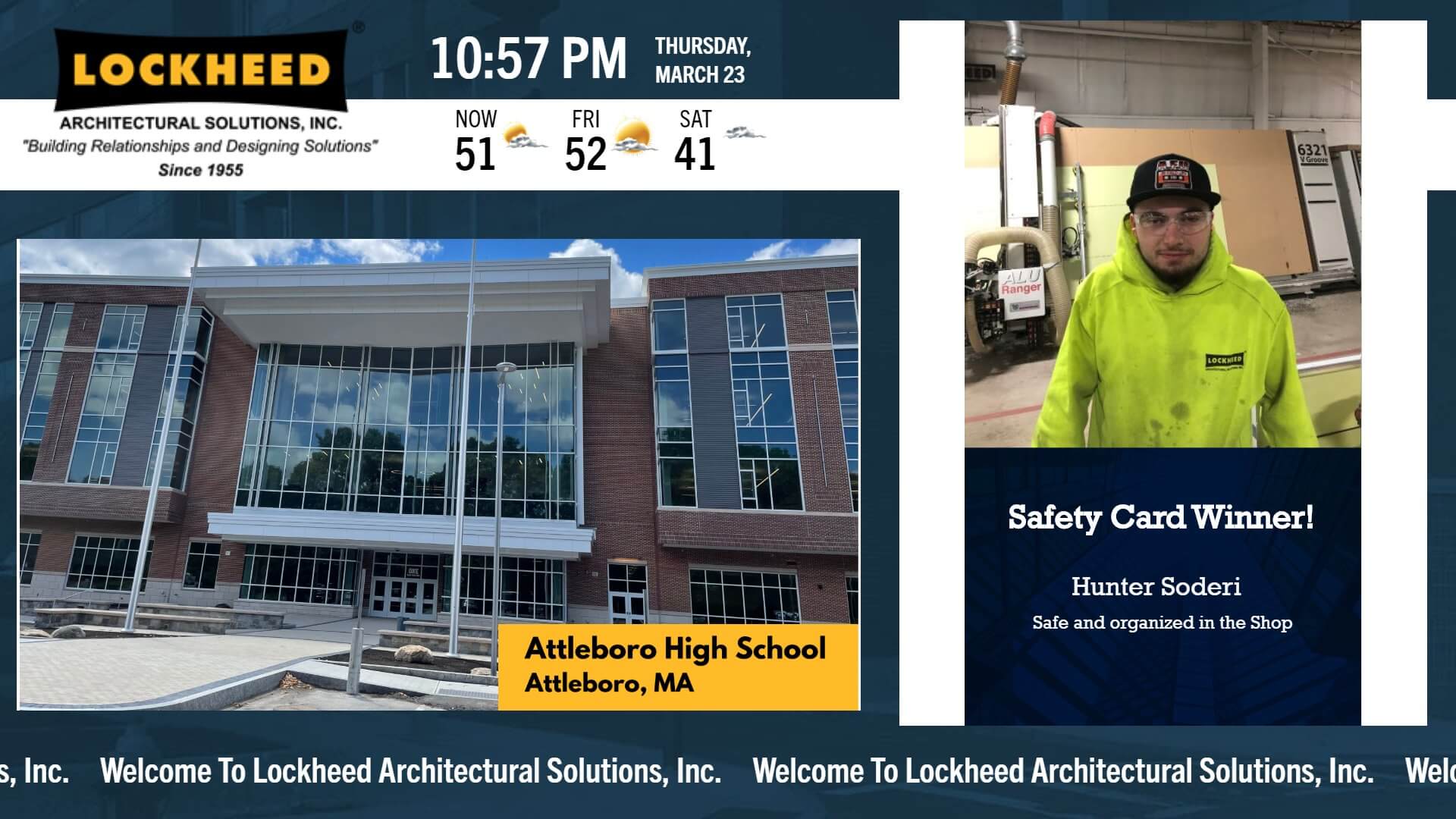 Teal corporate digital signage featuring employee highlights and work sites for Lockheed