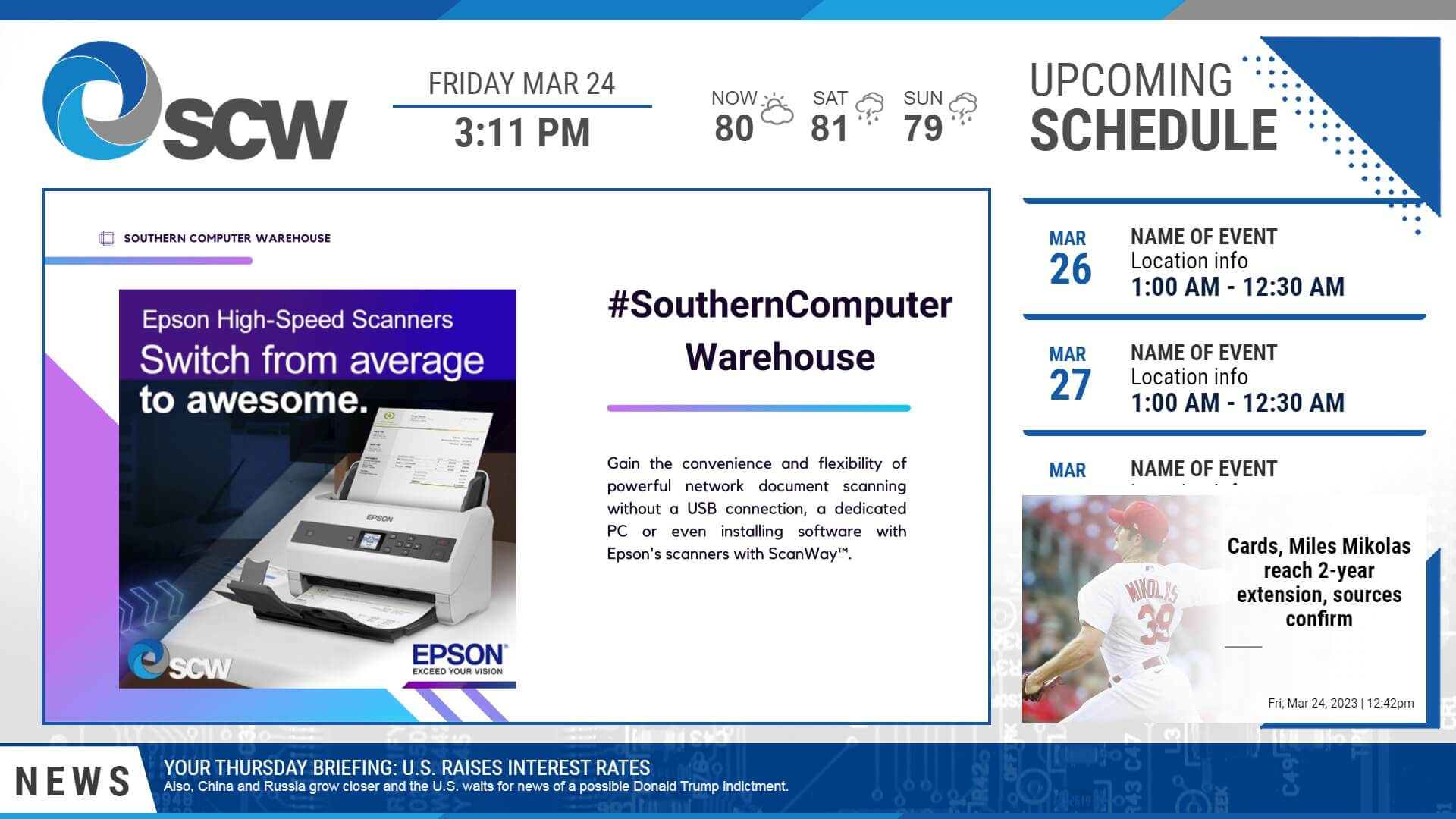 White and blue corporate digital signage showing company tips, news, and upcoming schedule for SCW