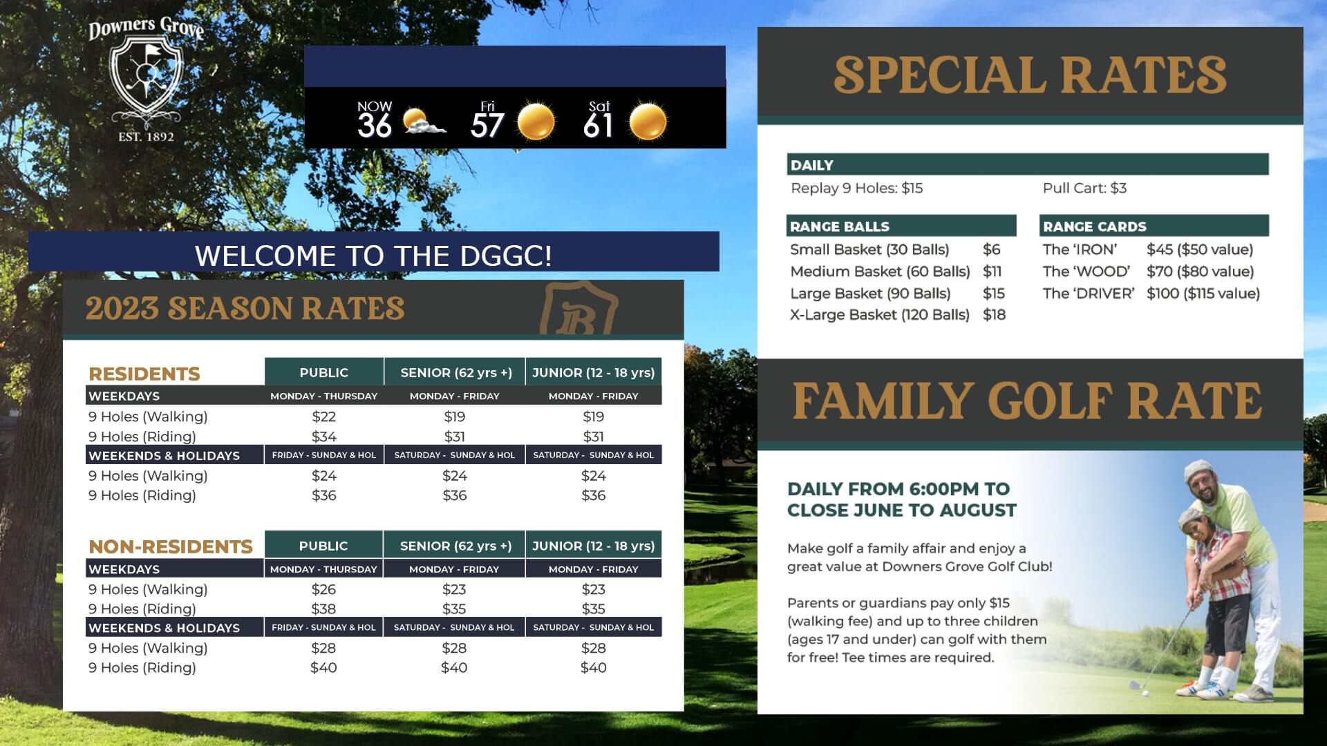 The image shows a digital signage layout for Downers Grove Golf Course season golf course rates, special rates, and family golf rates. 