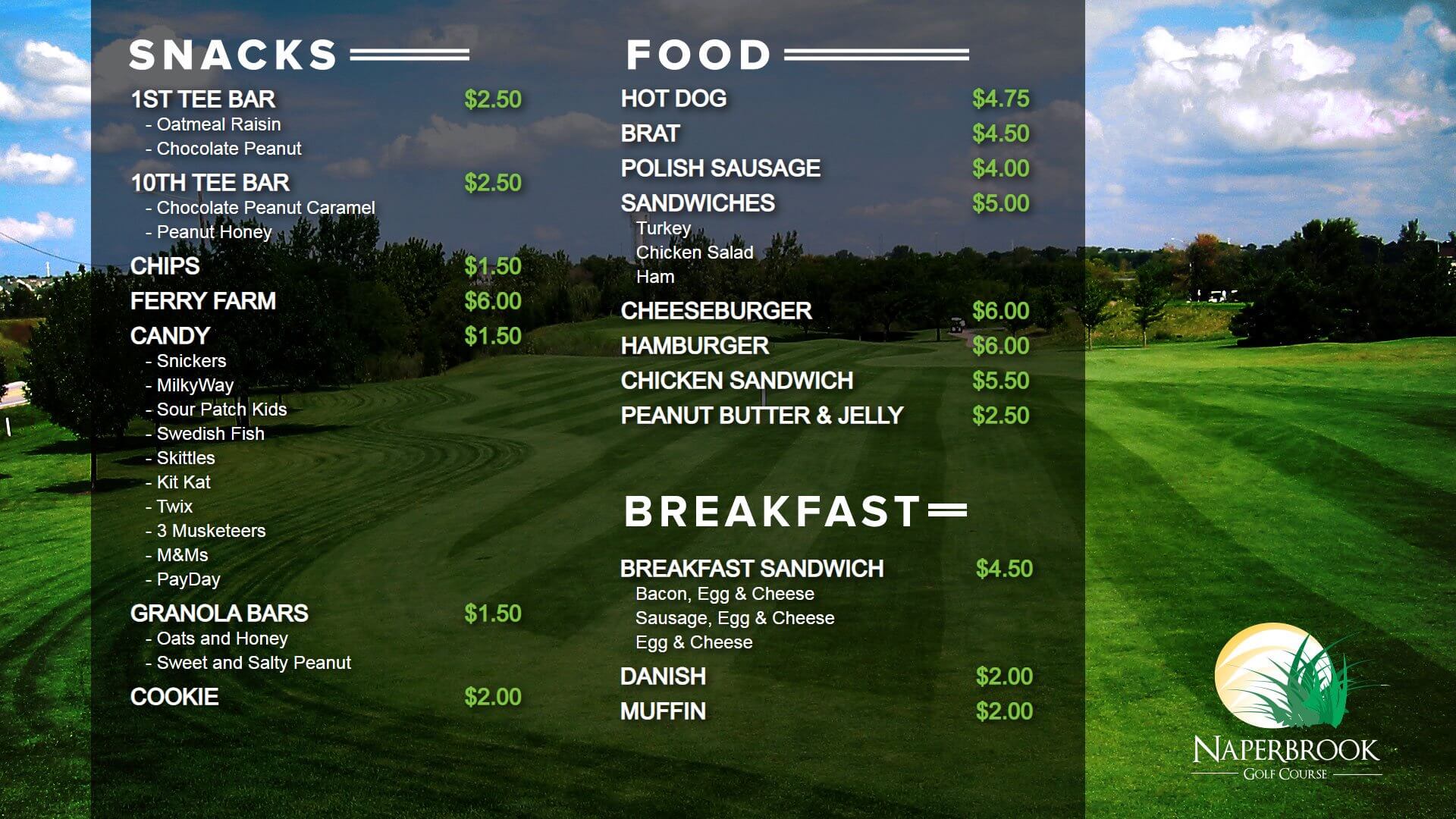 The image shows a digital signage layout for Naperbrook Golf Course displaying a menu of food offered at the course.