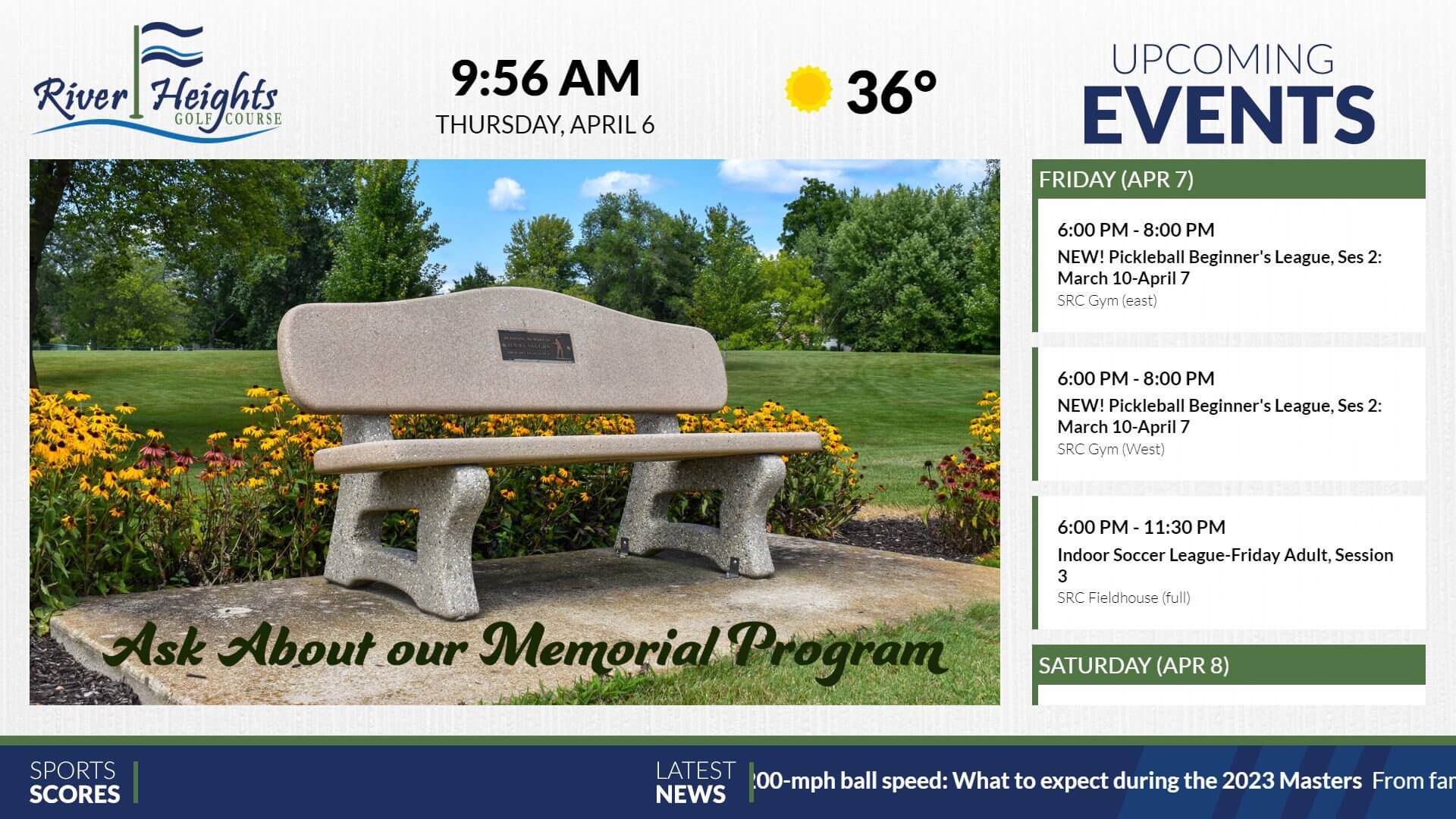 The image shows a digital signage layout for River Heights Golf Course displaying a calendar of upcoming events, a news ticker, sports scores, an announcement area, current time, date and weather.