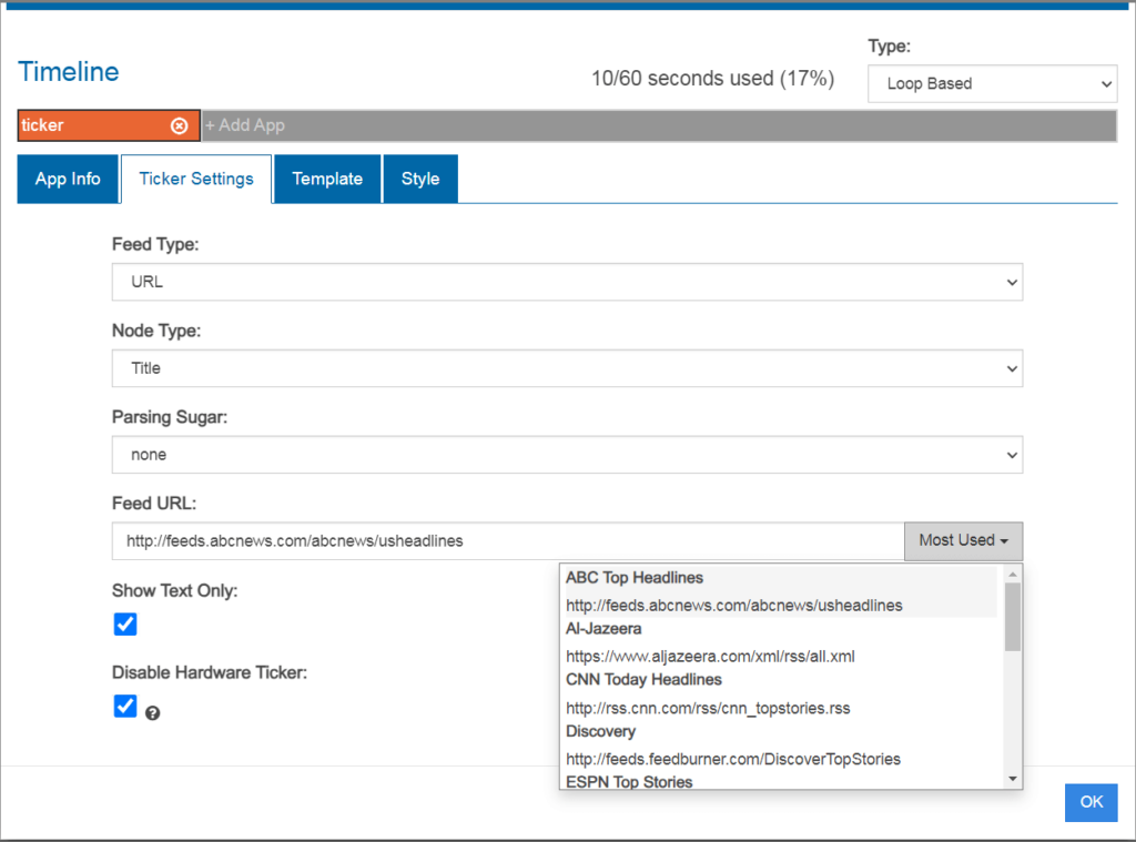 digital signage ticker/rss settings