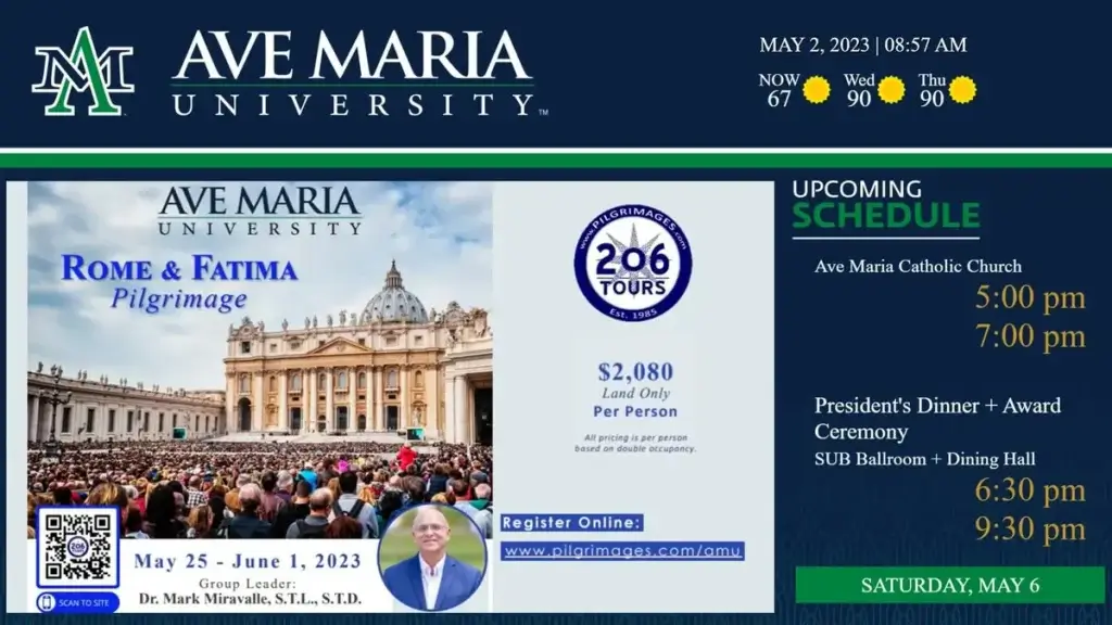 Ave Maria University-branded welcome signage for digital displays, powered by REACH Media Network. 