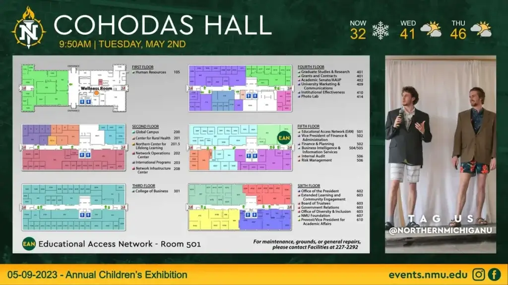 Cohodas Hall welcome signage for digital displays, powered by REACH Media Network. 