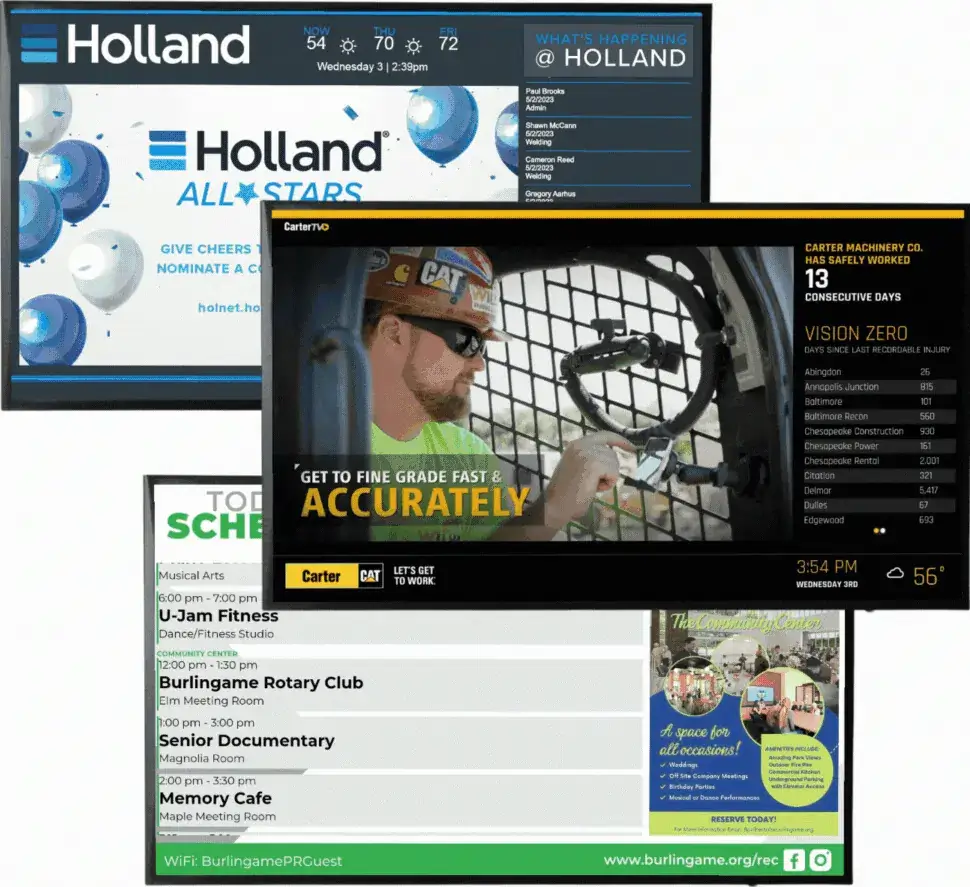 A collage of digital signage displays from different businesses, powered by REACH Media Network.