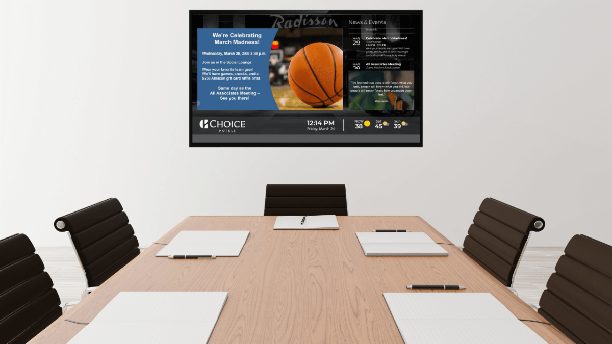 Choice Hotels conference room digital signage examples showcasing March Madness playlists, weather, and upcoming events