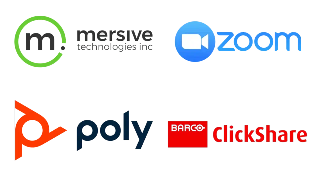 Mersive, Zoom, Poly, and Barco Clickshare logos, Reach Media Network collaborative space digital signage solutions