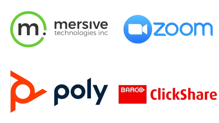 Mersive, Zoom, Poly, and Barco Clickshare logos, Reach Media Network collaborative space digital signage solutions