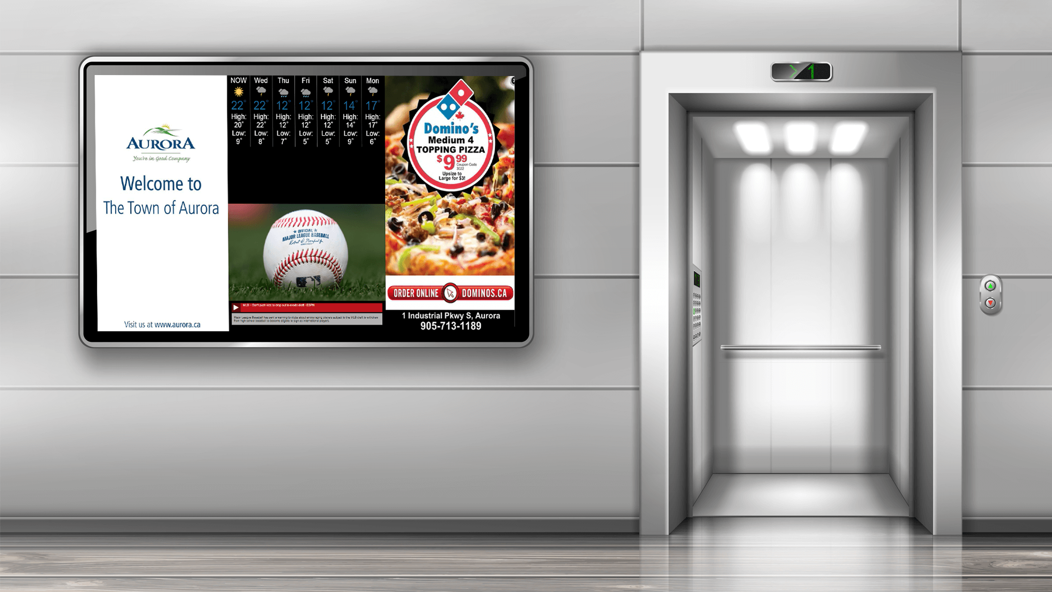 Large digital signage screen displaying local deals, weather, and welcome message.