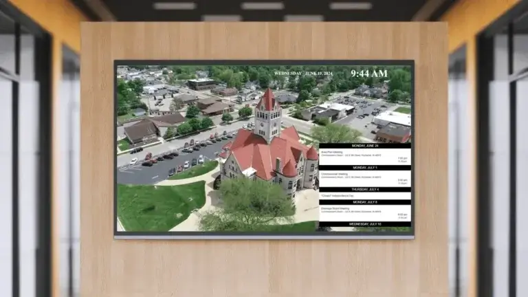 Government digital signage screen from Reach Media Network featured in building entrance.