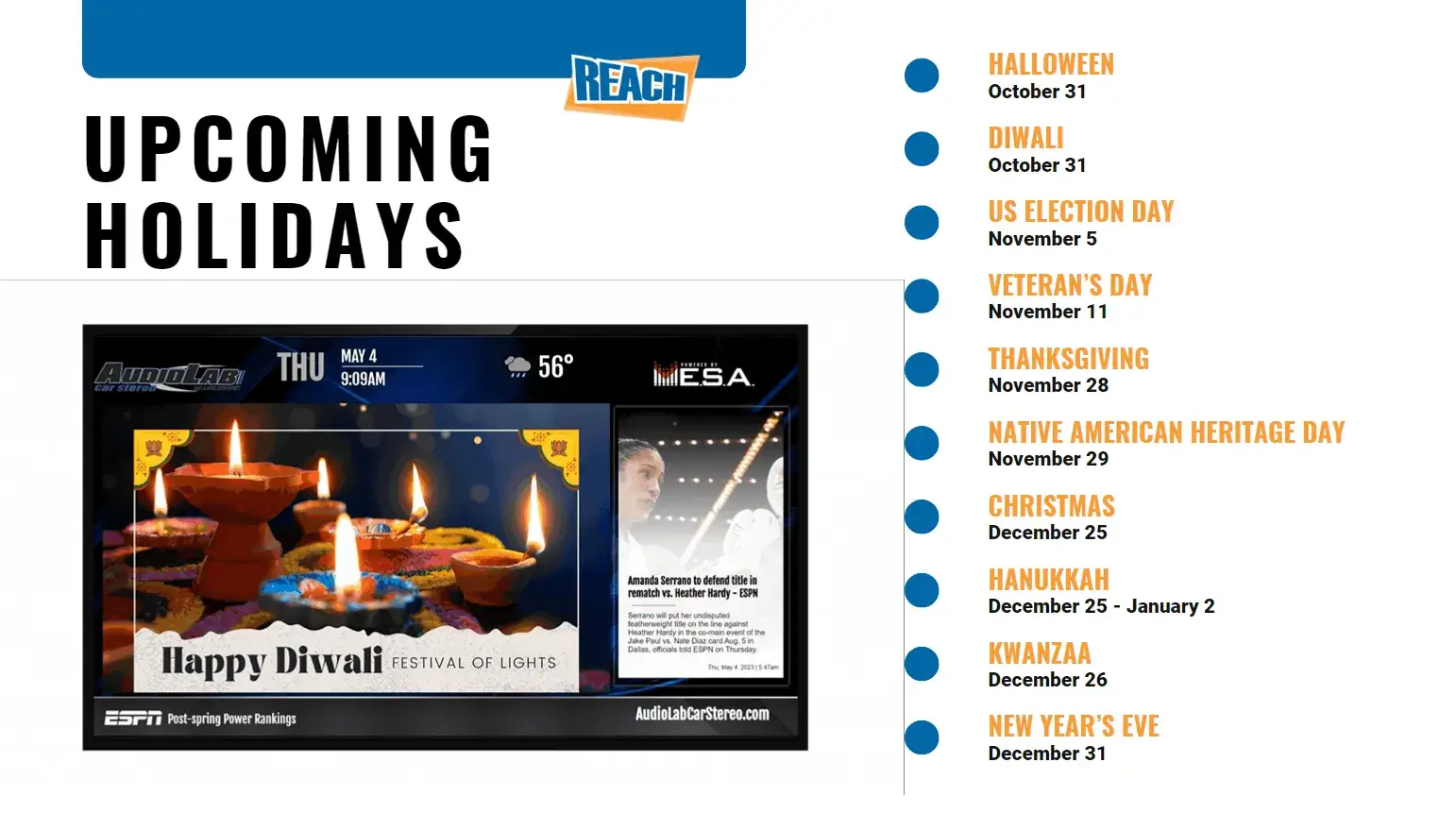 A screenshot of a digital signage display, showcasing Happy Diwali messaging.
