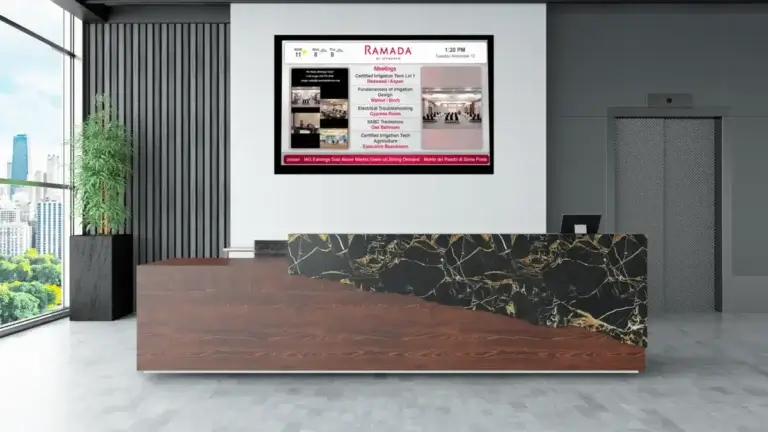 Ramada hotel digital signage example, Reach Media Network, 2026, displaying event meetings, weather, rss feed, and vertical announcements