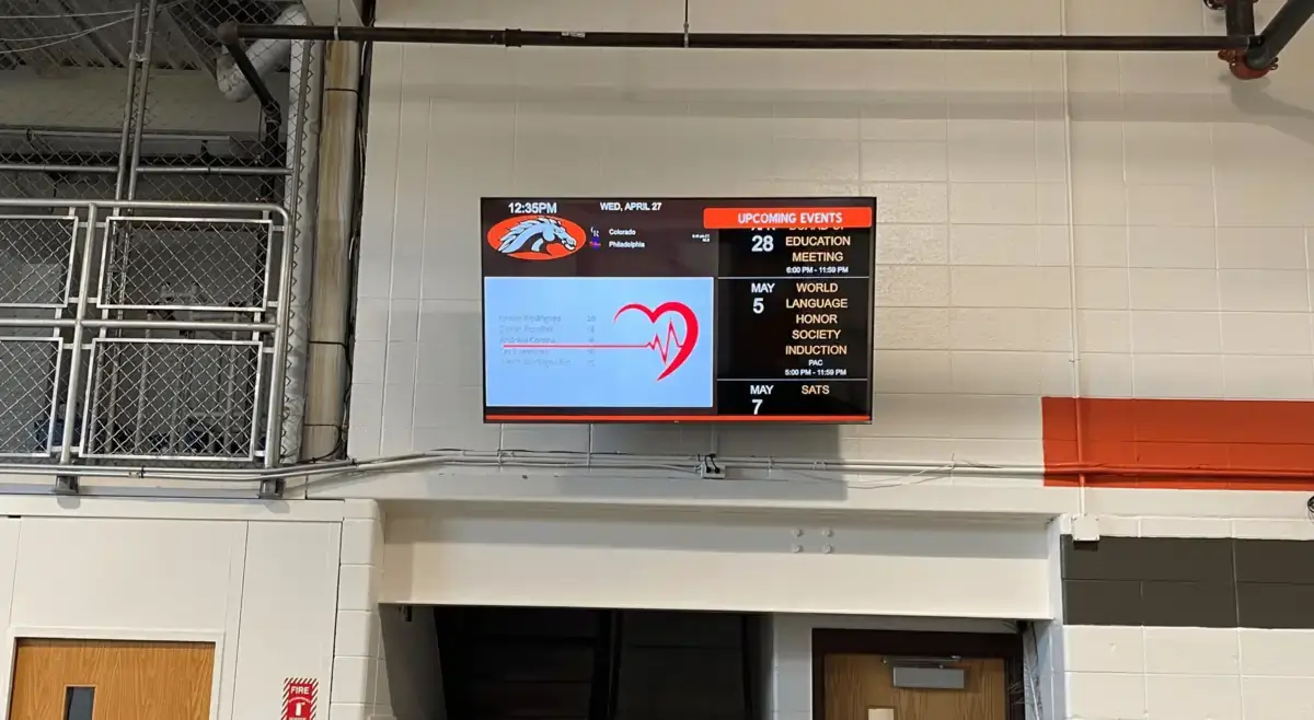 Client-Gym-Example A wall-mounted display in a gym, showcasing upcoming events and metrics.