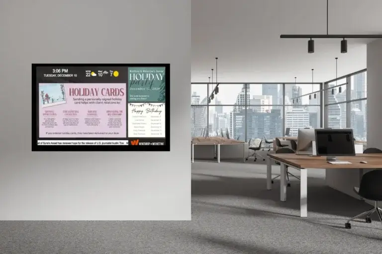 Winthrop & Weinstine corporate digital signage, case study, Reach Media Network, displaying holiday events, birthday highlights, and weather, 2026