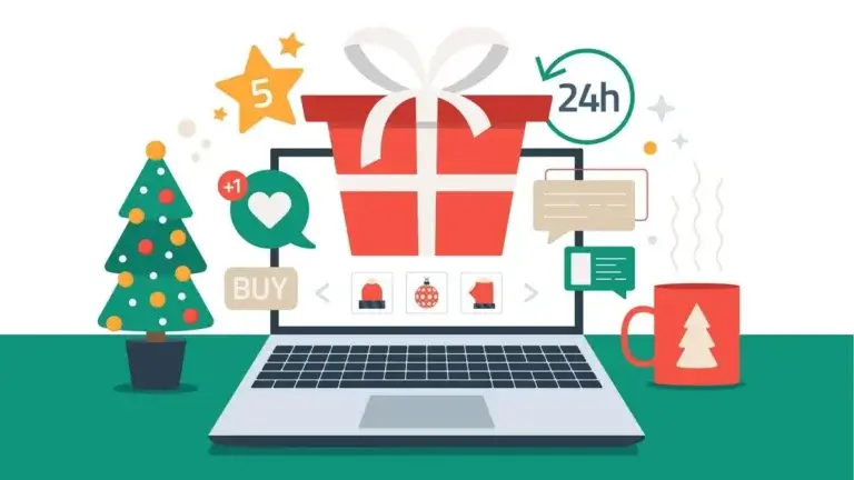 Reach Media Network holiday season digital signage strategies, Christmas online shopping illustration with laptop, gift box, and holiday sales theme.