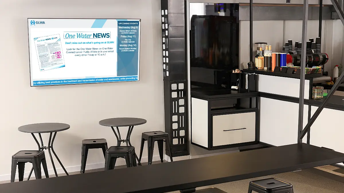 blog-digital-signage-microsoft-teams-2 GLWA's break room, showcasing a digital signage display powered by REACH Media Network.