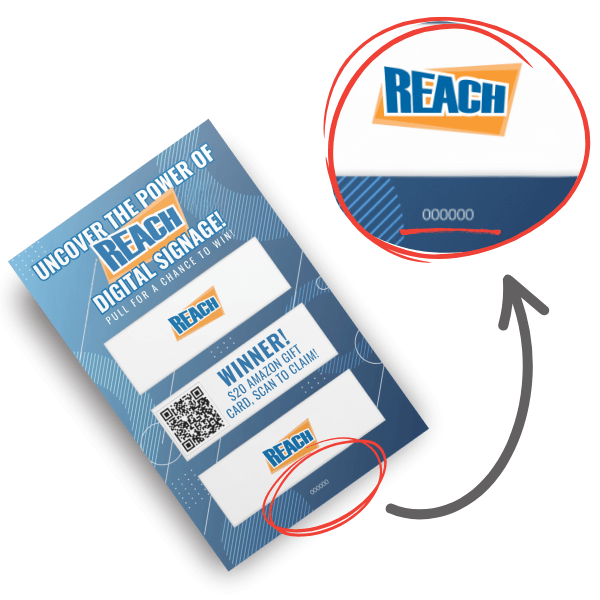 Shop! Pull tab Card Code reach digital signage gift card winner