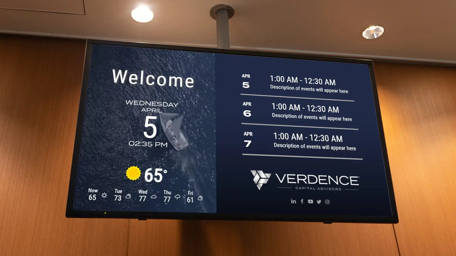 Verdence_Corporate-Digital-Signage-2 A digital display welcome message, showing weather and itinerary.