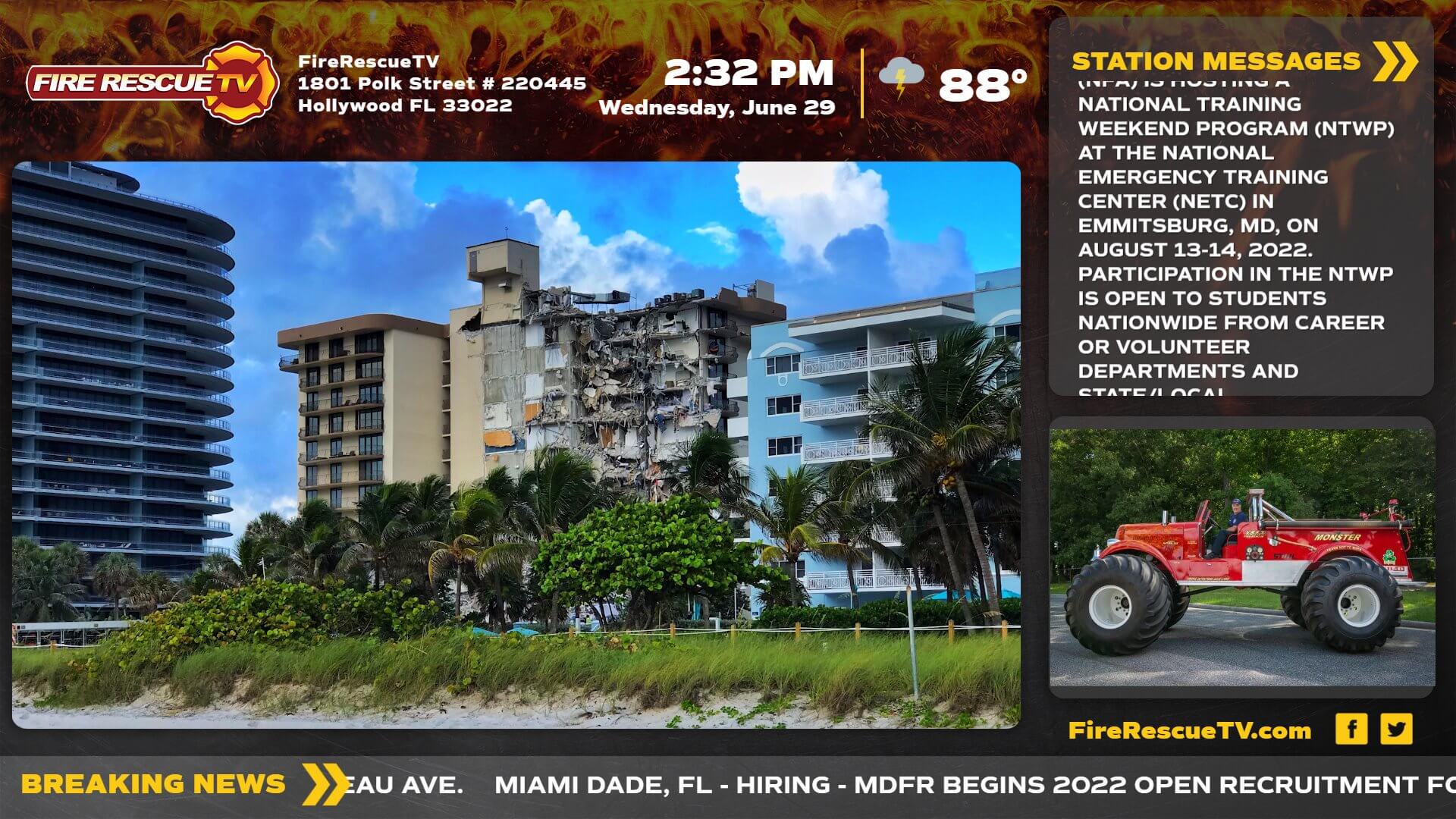 Fire Rescue TV case study example displaying images, news ticker, social media, and station announcements