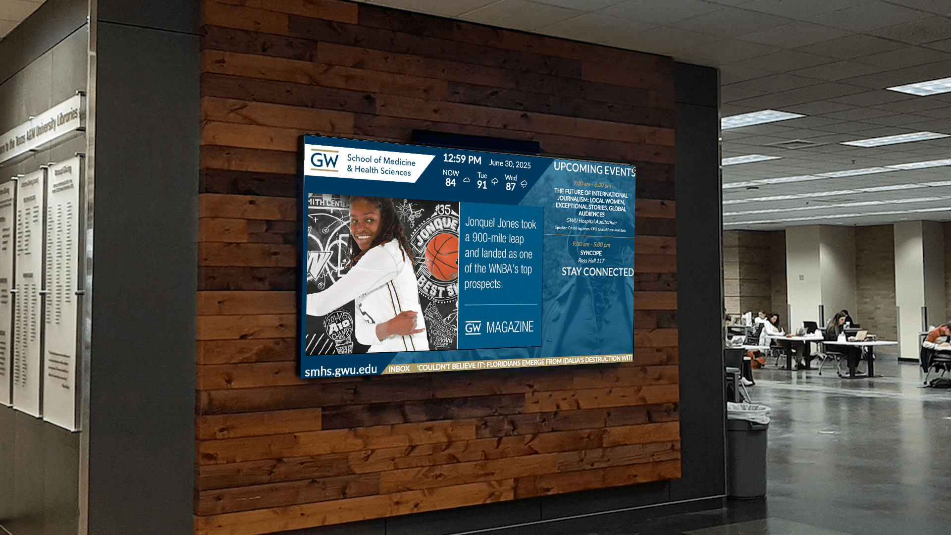 GWU 2 George Washington University digital signage showing campus news, calendar updates, and RSS ticker