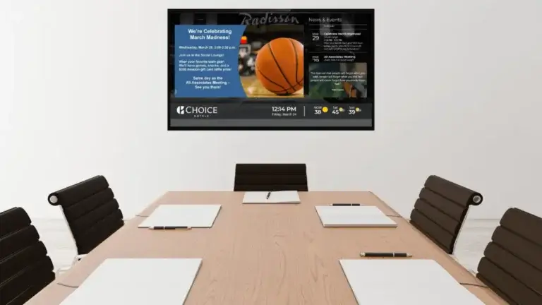 Choice Hotels conference room digital signage examples from Reach Media Network showcasing March Madness playlists, weather, and upcoming events