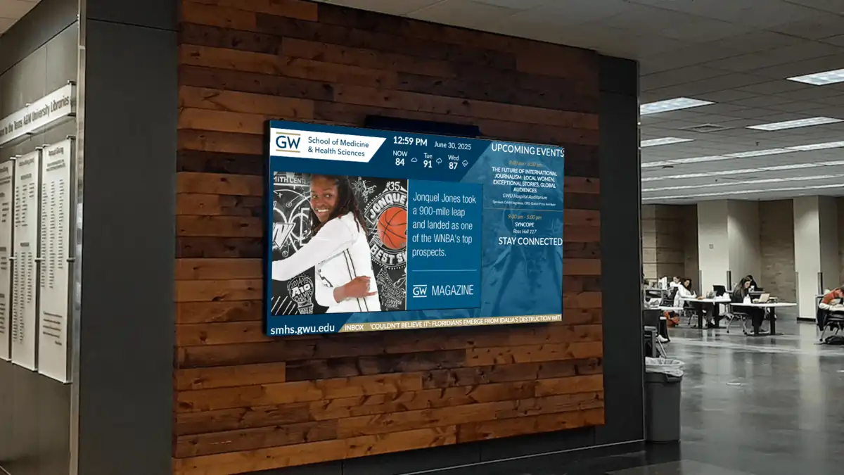 George Washington University digital signage showing campus news, calendar updates, and RSS ticker.