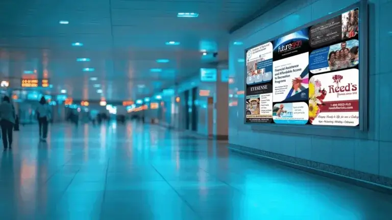 Large digital signage screen from Reach Media Network displaying local promotions