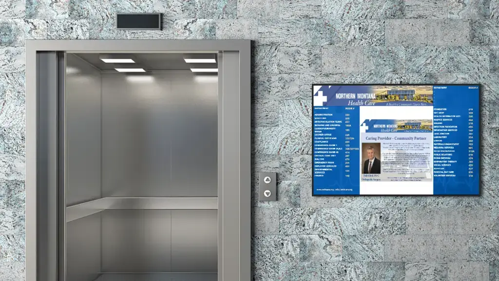 Northern Montana Healthcare digital signage directory from Reach Media Network featured near elevator