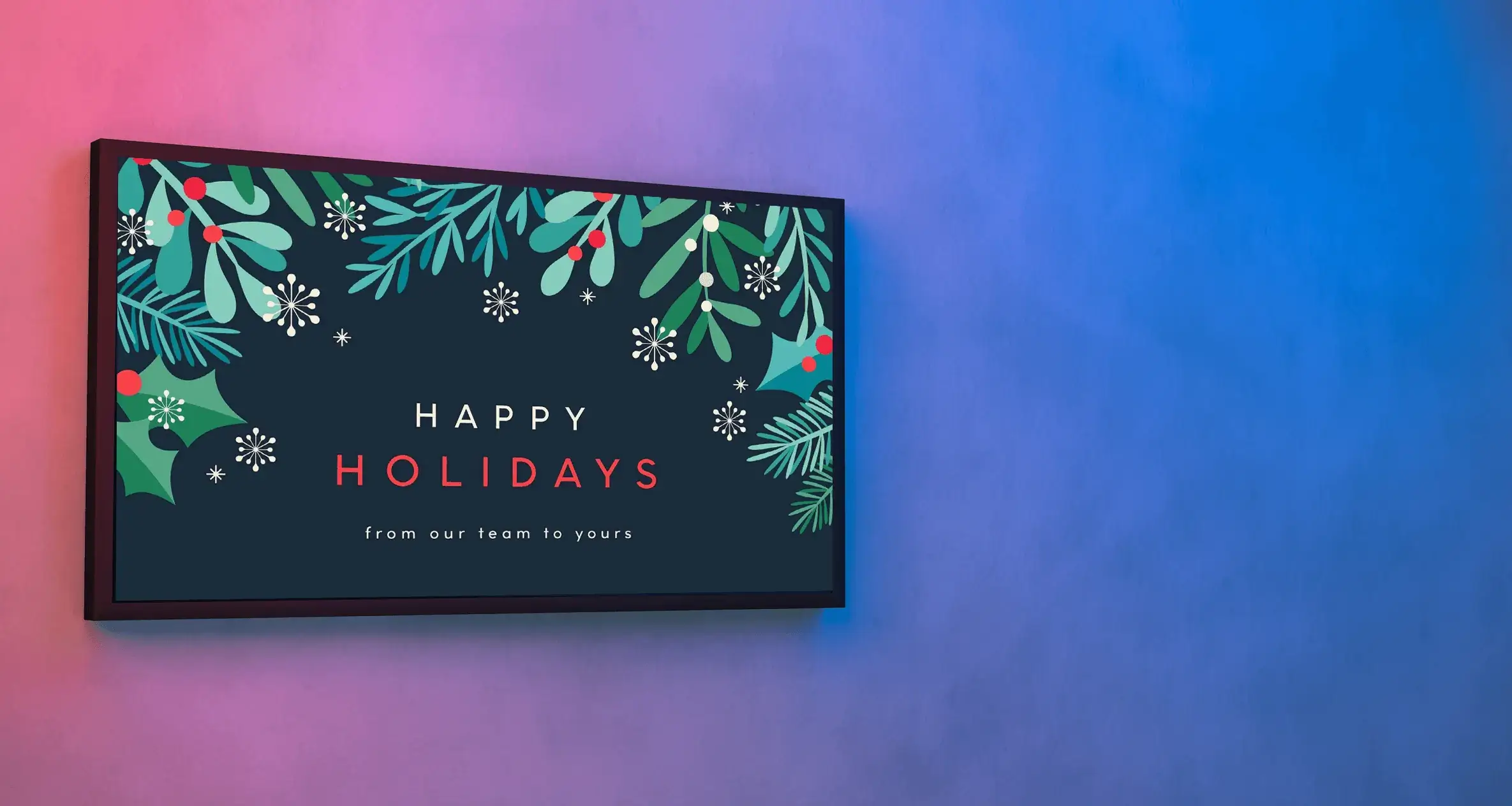 A holiday-themed display on wall-mounted display, powered by REACH Media Network.