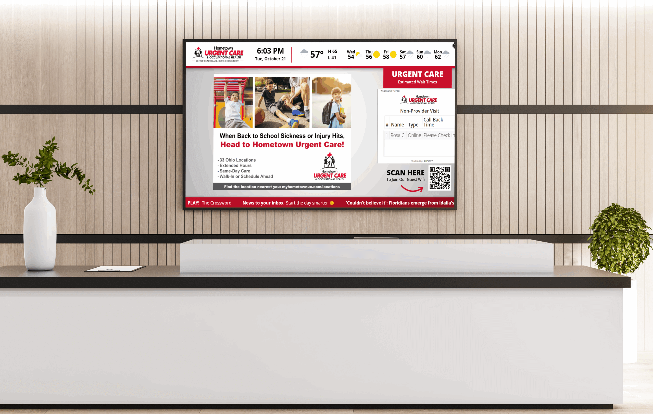 Hometown 1 Hometown Urgent Care displaying announcements, wait times, weather, and news ticker