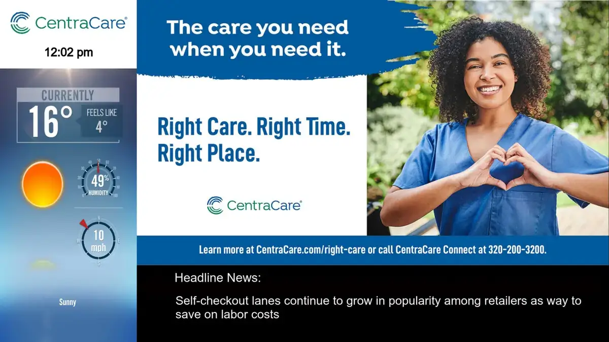 CentraCare healthcare digital signage software from Reach Media Network displaying weather, headline news, and announcements.