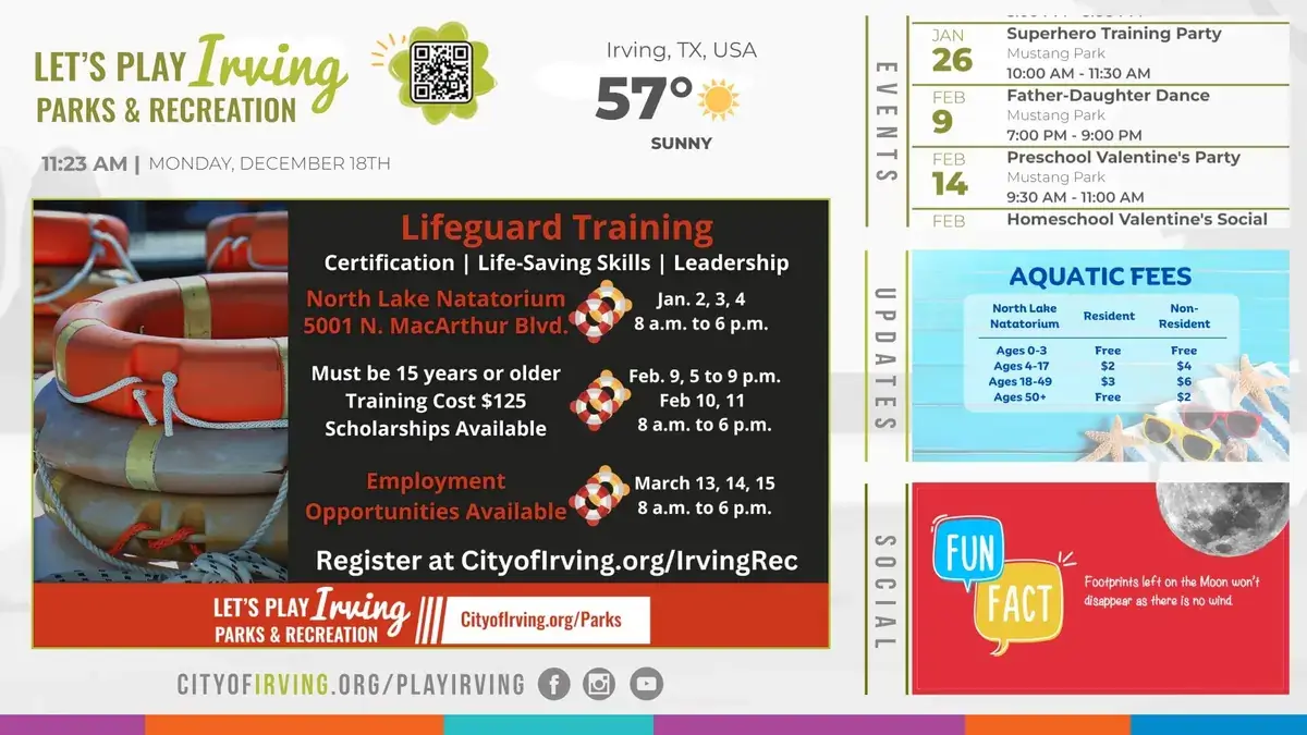 Reach-Media-Network-City-of-Irving-North-Lake-Natatorium-government-digital-signage-player Irving Parks and Recreation digital signage software from Reach Media Network displaying events, updates, social media, and announcements.