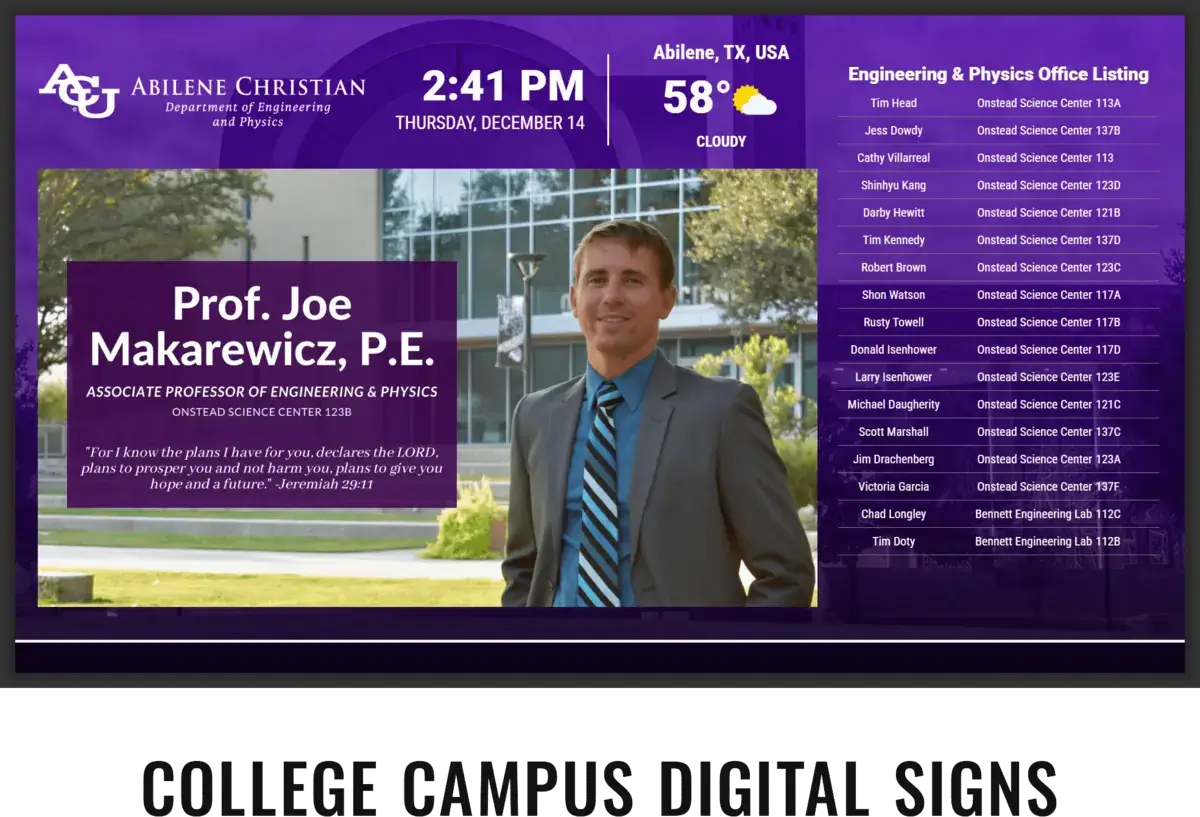 Abilene Christian University digital signage screen from Reach Media Network displaying office listings and professor spotlights.