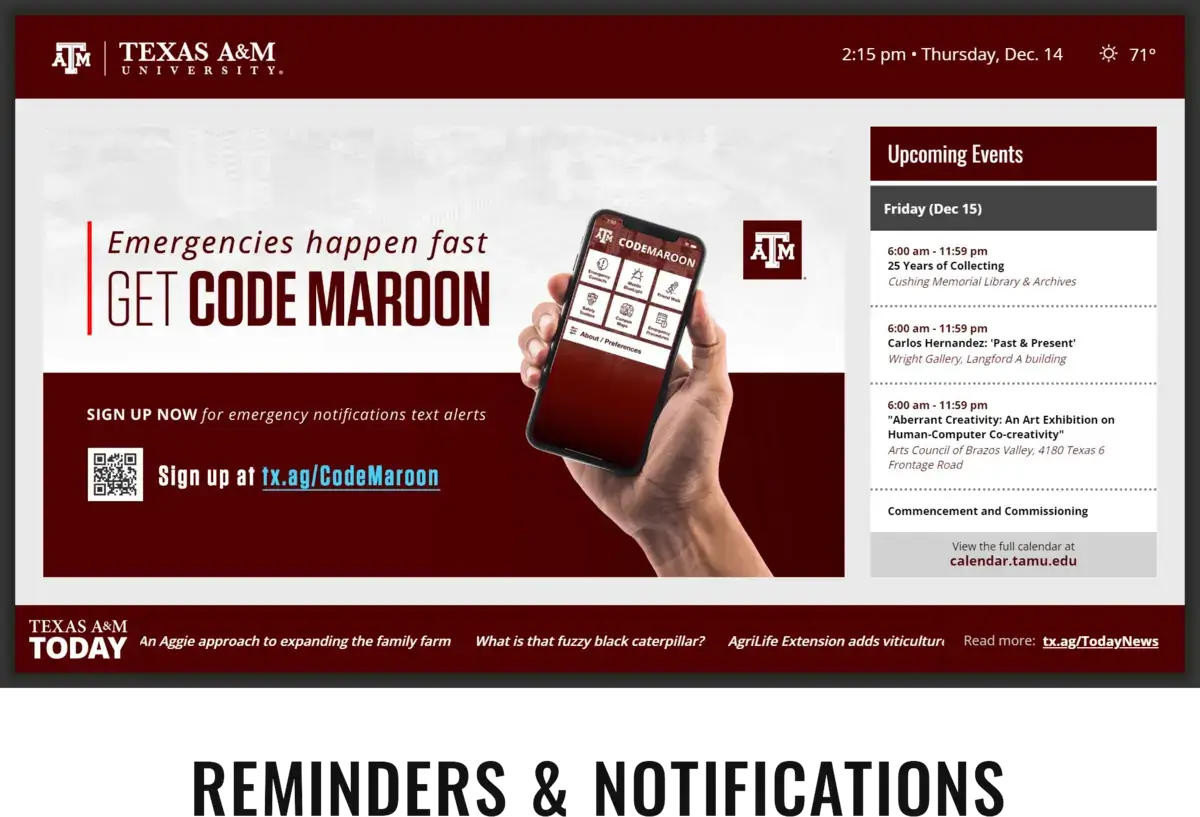 Texas AM University digital signage screen from Reach Media Network displaying upcoming events, campus news, and promotions.
