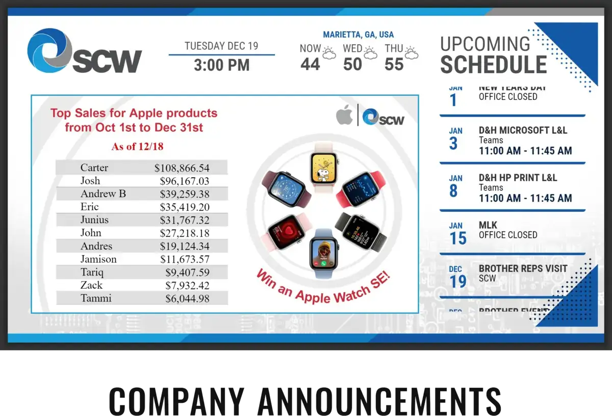 SCW corporate digital signage screen from Reach Media Network displaying upcoming schedule and sales metrics.
