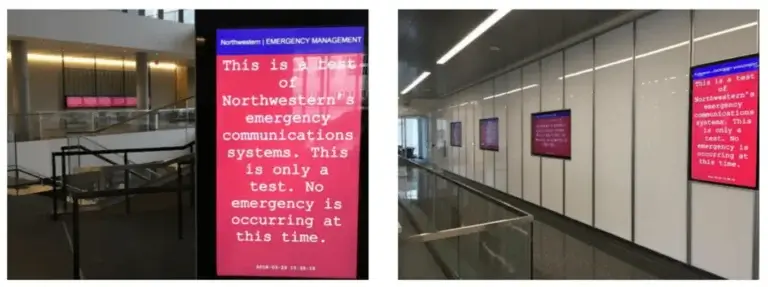 Northwestern University digital signage screen from Reach Media Network displaying test of their emergency communication systems.