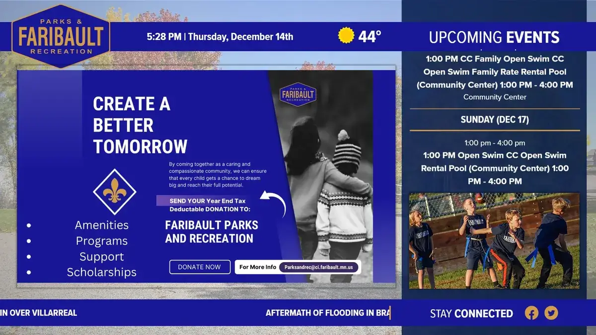 Reach-Media-Network-Faribault-Community-Center-government-digital-signage Faribault parks and recreation digital signage software from Reach Media Network displaying upcoming events, announcements, and news headlines.